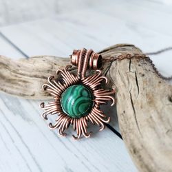 wire wrapped copper necklace with malachite. sun pendant with malachite bead.