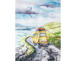 Yellow Van Sea Road Colorful Painting Watercolor Light Landscape Sketch Nature Brightly ArtWork Wall  Original Seascape