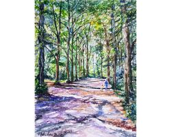 Summer Shadows Sunny Road Painting Landscape Green Colorful Watercolour Light Nature Brightly ArtWork Wall Art Original