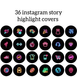 36 Neon Instagram Highlight Icons. Lifestyle Instagram Highlights Images. Black and Neon Instagram Highlights Covers