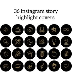 36 Black Instagram Highlight Icons. Lifestyle Instagram Highlights Images. Black and Gold Instagram Highlights Covers