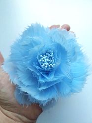 Large blue three-dimensional feather brooch, Large feather flower brooch, Blue feather accessory, Light blue brooch