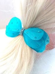 Handmade turquoise bow hair clip, Turquoise feather hair clip, Feather hair bow, Feather Hair Accessories, Hair bow clip