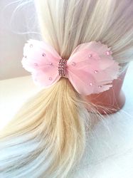 Handmade light pink bow hair clip, Pink feather hair clip, Feather hair bow, Feather Hair Accessories, Hair bow clip