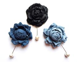 Denim jeans brooch, Denim flower lapel pin, Denim boutonniere, Denim wedding lapel pin, Denim rose brooch, Denim flower