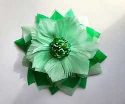Green and mint flower feather brooch, Large green feather flower pin, Green shoulder feather corsage, Mint feather pin