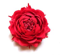 Red rose brooch, Red Denim flower pin, Red textile rose brooch, Romantic red rose flower brooch pin