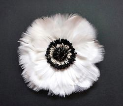 Large white anemone feather brooch, White anemone feather corsage, White anemone brooch pin