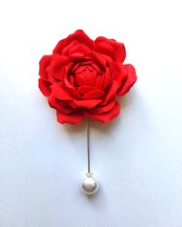 Red rose brooch, Red rose lapel pin, Red rose boutonniere, Wedding lapel pin, Textile red rose brooch pin