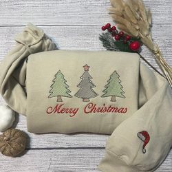 Merry Christmas - Christmas Tree Santa Hat Embroidered Sweatshirt