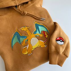 Pokemon Charizard Embroidered Hoodie, Pokemon Embroidered Sweatshirt, Pokemon Embroidery