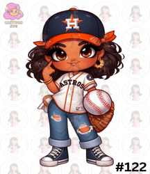 Cartoon Girl Baseball Fan Astros With Cap Brown Hair Brown Eyes PNG Sublimation Digital Design Download DTF Print