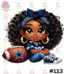 Cartoon Girl Football Fan Cowboys African American Curly Black Hair Brown Eyes PNG Sublimation Digital Design Download D