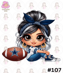 Cartoon Girl Football Fan Cowboys Black and White Hair BrownHazel Eyes PNG Sublimation Digital Design Download DTF Print