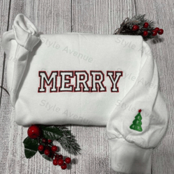 Merry Embroidered Crewneck, Christmas Tree Cuff Embroidery, Christmas Gifts
