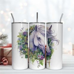 Horse With Flower Wreath 20 oz Skinny Tumbler Sublimation Design, Instant Digital Download