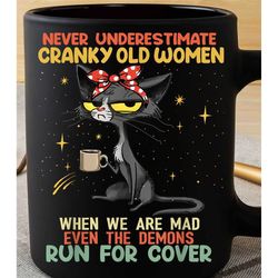 Cute Unhappy Cat Never Underestimate Cranky Old Women When We Mad Even The Demons Run For Cover Mug, Cat Lovers Cat Owne