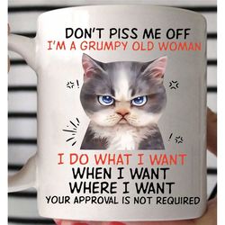 Don't Piss Me Off I'm A Grumpy Old Woman Angry Kitten Mug, Funny Gift For Cat Owner, Sarcastic Quotes Mug, Birthday Gift