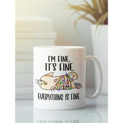 Everything is Fine Christmas Cat, I'm Fine it's Fine Cat Mug, Christmas Tree Cat, Funny Cat Christmas Cup, Cat Lover Gif