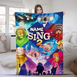 Personalize Sing Pig Blanket, Sing 2 Movie Cartoon Character Blanket, Ba Name Blanket, Velveteen Plush Blanket, Sofa Bla