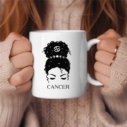 Cancer Coffee Mug, Messy Bun Zodiac Birthday Gift for Her, Horoscope Ceramic Mug