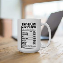 Capricorn Coffee Mug, Capricorn Nutrition Facts, Capricorn Traits, Zodiac Birthday Gift for Her, Horoscope Ceramic Mug