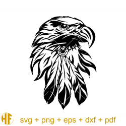 Boho Bald Eagle Svg, Eagle Feather Svg, Eagle with Feathers Svg