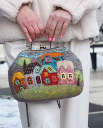 Purse with houses, felt bag, handbag designer