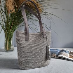 Modern handmade crochet grey tote bag with natural linen lining - gift  for her