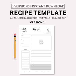 Recipe Template Printable, Recipe Book, Blank Recipe Page, Recipe Card A4 & A5