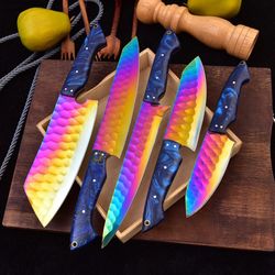 set of 5 handmade carbon steel kitchen knives with leather case