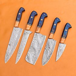 set of 5 handmade damascus steel kitchen knives with leather case
