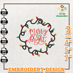 Merry And Bright Embroidery Machine Design, Christmas Light Embroidery File, Instant Download