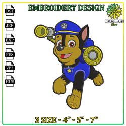 Embroidery Design Chase paw patrol, Paw patrol Clipart, Cartoon Paw Embroidery Design, Dog PNG, Patrol PNG.