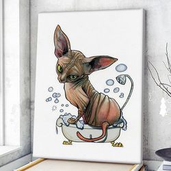 Cat Portrait Canvas, Sphynx Bubble Bath, Canvas Print, Cat Wall Art Canvas, Cats Canvas Print