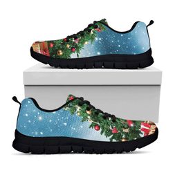 Christmas Tree And Snow Print Black Running Shoes, Gift For Men And Women