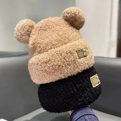 Women Solid Color Knitted Cute Bear Ears Wool Hat Plush Little Bear Wool Hat Metal Label Knitted Plush