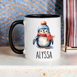 penguin mug  penguin gift  christmas penguin gift  custom name coffee mug  penguin art  penguin lover gift  kids christm