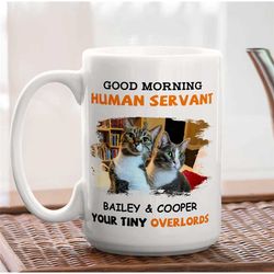 Personalized Cats Photo Mug, Good Morning Human Servant Your Tiny Overlord Cat Mug, Custom Cats Name Mug, Cat Owner Mug,