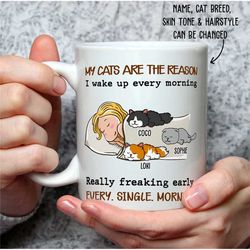 Personalized Sleeping With Cat Coffee Mug, My Cat Is Reason I Wake Up Every Morning Mug, Custom Cat Name Mug, Cat Mug Gi