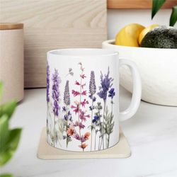 Pressed Flowers Mug, Boho Wildflowers Coffee Mug, Watercolor Floral Nature Mug, Flower Garden Lover Gift, Lavender Flowe