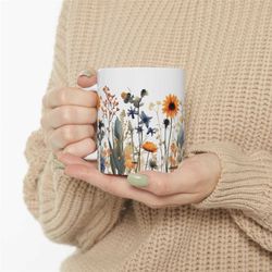 Pressed Flowers Mug, Boho Wildflowers Coffee Mug, Watercolor Floral Nature Mug, Flower Garden Lover Gift, Wildflowers Mu