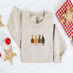 Embroidered Christmas Chickens Sweatshirt, Chicken Farm Sweater For Family