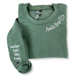 custom embroidered auntie bear sweatshirt on neckline with children name on sleeve