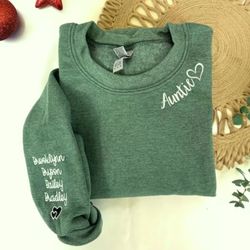 custom embroidered auntie sweatshirt with children names on sleeve, personalized gift