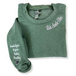 custom embroidered rich auntie vibes sweatshirt with children names on sleeve