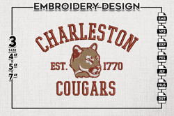 Charleston Cougars Est Logo Embroidery Designs, NCAA Charleston Cougars Team Embroidery, NCAA Team Logo, 3 sizes, Machin