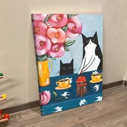 cat portrait canvas, cats and french press coffee, canvas print, cats canvas print, cat wall art canvas