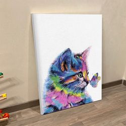 portrait canvas, cat with butterfly canvas wall art, home decoration painting canvas, canvas print