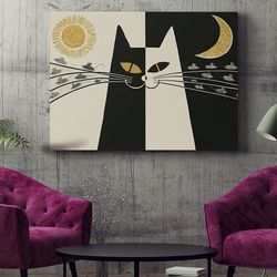cat landscape canvas, vintage black and white cat, canvas print, cat wall art canvas